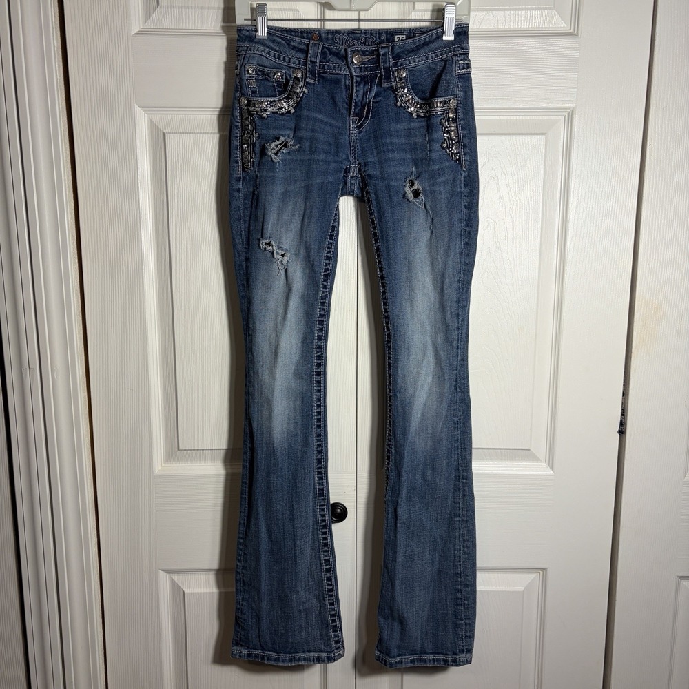 Miss Me Bootcut Jeans Women 25 Blue Denim Distressed Ripped Embellished Pockets